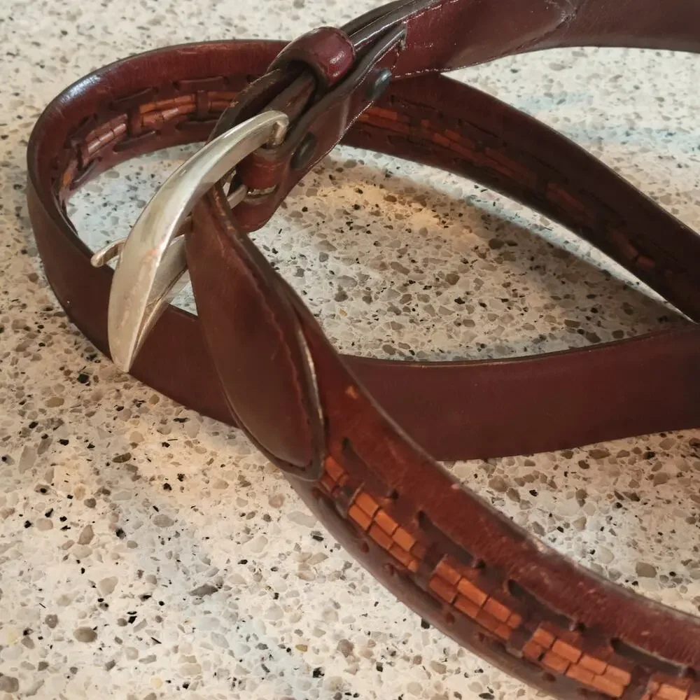 Brighton Mens Wooden Bead Genuine Leather Brown Braided Belt Silver Buckle✨️44